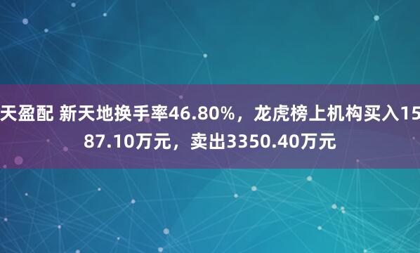 天盈配 新天地换手率46.80%，龙虎榜上机构买入1587.10万元，卖出3350.40万元